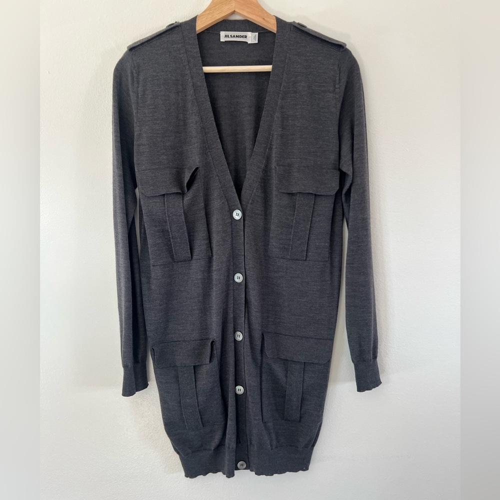 Jil Sander 100% Virgin Wool Gray Button Front Long V-Neck Knit Longline Cardigan